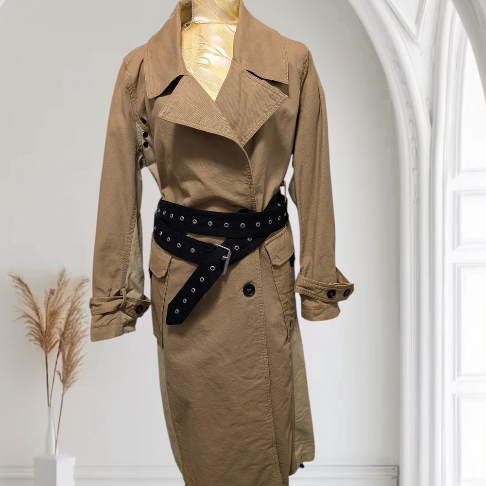 Avec Les Filles Tan Trench Coat with Black Grommet Belt